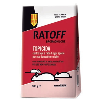 Esca ratticida in grano pronta all&rsquo;uso per impiego domestico e civile.
A base di Brodifacoum, con Denatonio benzoato (sostanza amaricante)
