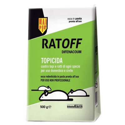 Esca rodenticida in pasta pronta all&rsquo;uso per uso non professionale.
A base di Bromadiolone, con Denatonio benzoato (sostanza amaricante).
