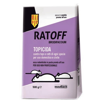 Esca rodenticida in pasta pronta all&rsquo;uso per uso non professionale.
A base di Difenacoum, con Denatonio benzoato (sostanza amaricante)
